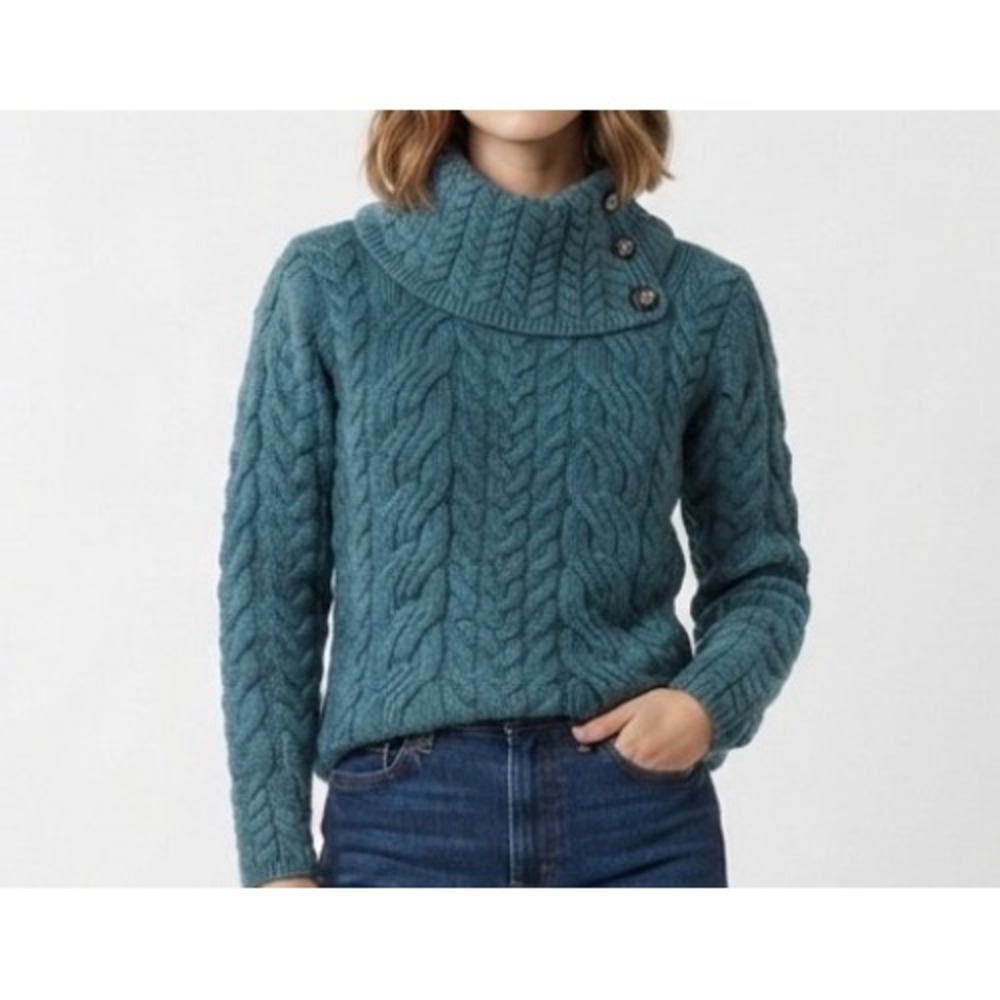 Aran Woollen Mills Merino Wool Cable Knit Sweater Teal Blue Side Button Neck S